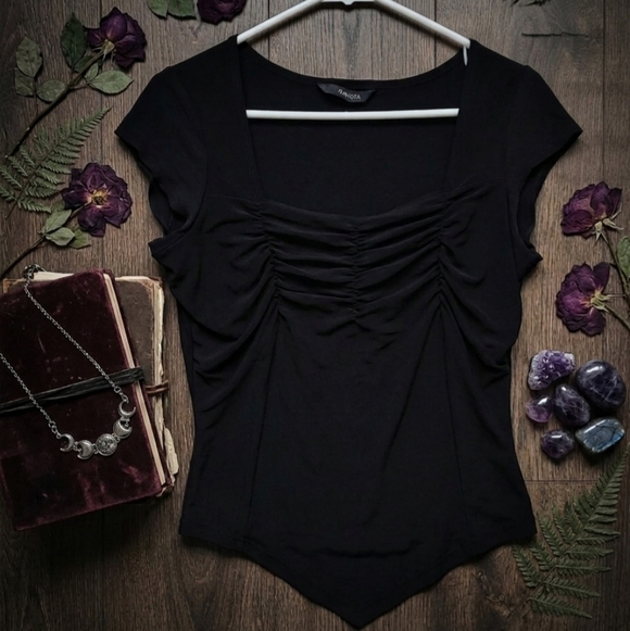 Mariposa Tops - Mariposa Black Ruched Bust Square Neck Handkerchief Hem Fairycore Blouse Size XL